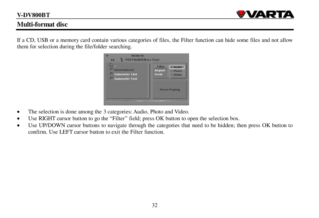 Varta V-DV800BT instruction manual Multi-format disc 