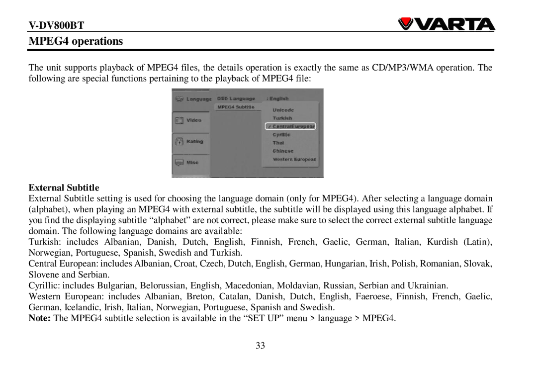 Varta V-DV800BT instruction manual MPEG4 operations, External Subtitle 