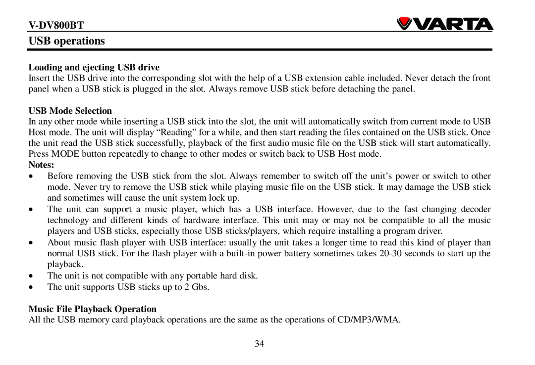 Varta V-DV800BT USB operations, Loading and ejecting USB drive, USB Mode Selection, Music File Playback Operation 