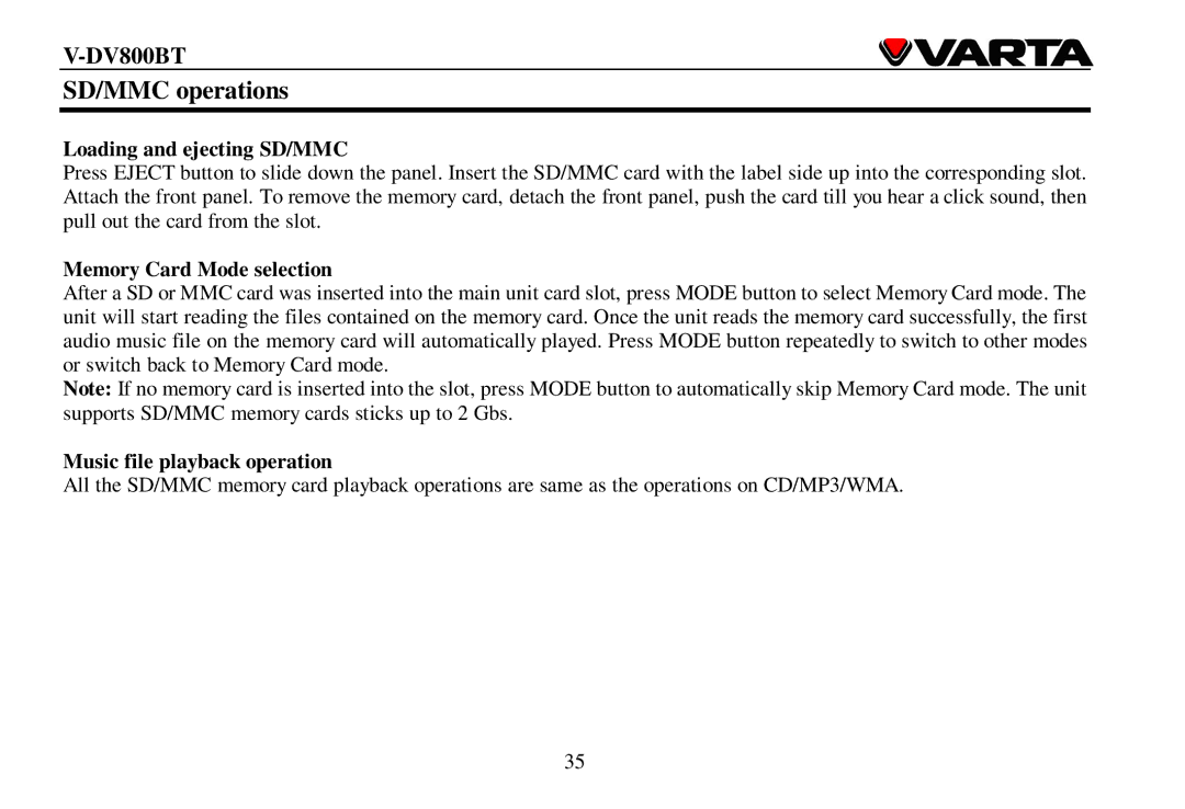 Varta V-DV800BT instruction manual SD/MMC operations, Loading and ejecting SD/MMC, Memory Card Mode selection 