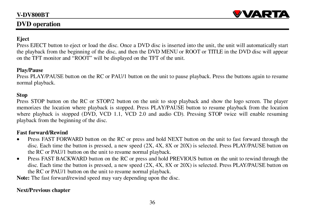 Varta V-DV800BT instruction manual DVD operation 