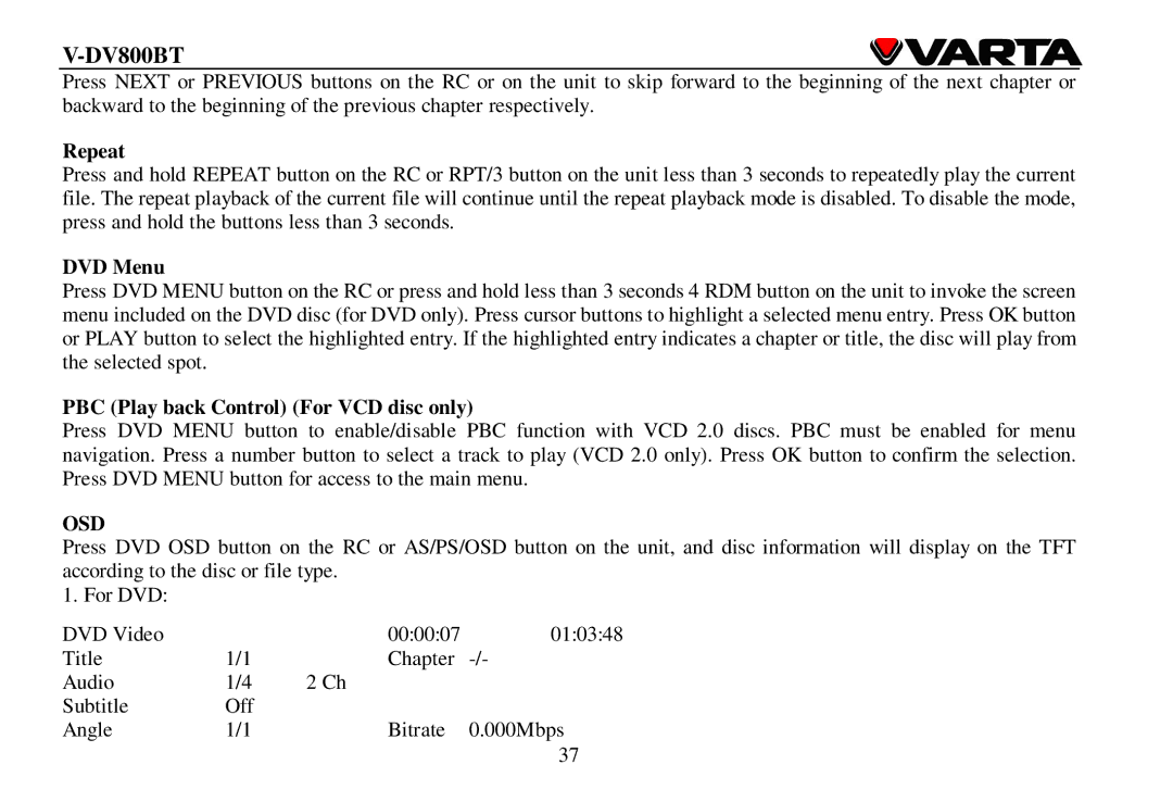 Varta V-DV800BT instruction manual Repeat, DVD Menu, PBC Play back Control For VCD disc only 