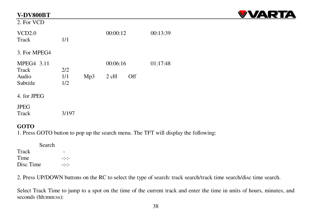 Varta V-DV800BT instruction manual Goto 