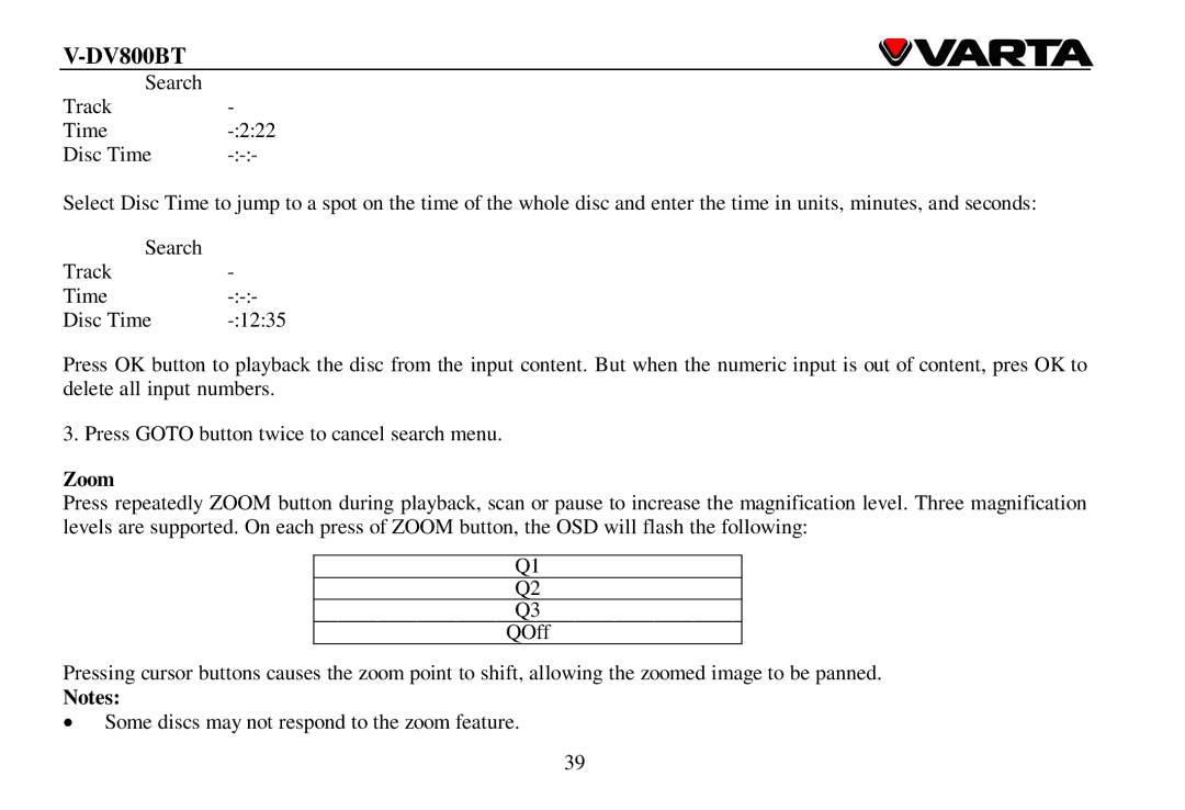 Varta V-DV800BT instruction manual Zoom 