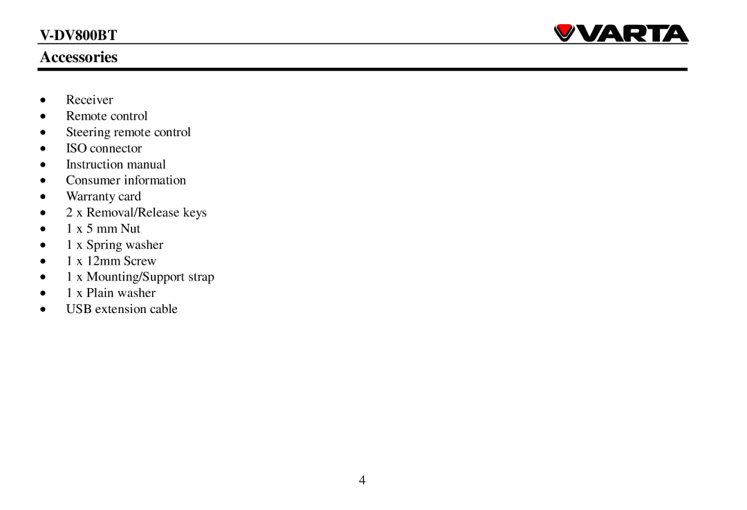 Varta V-DV800BT instruction manual Accessories 