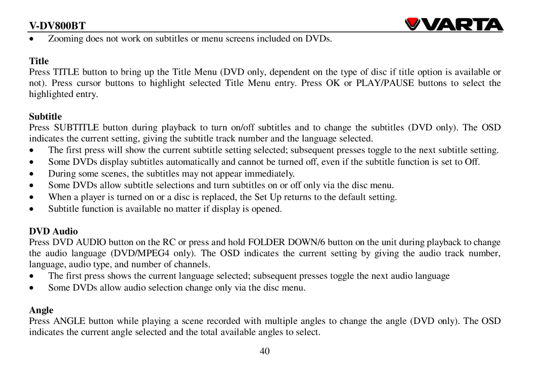 Varta V-DV800BT instruction manual Title, Subtitle, DVD Audio, Angle 