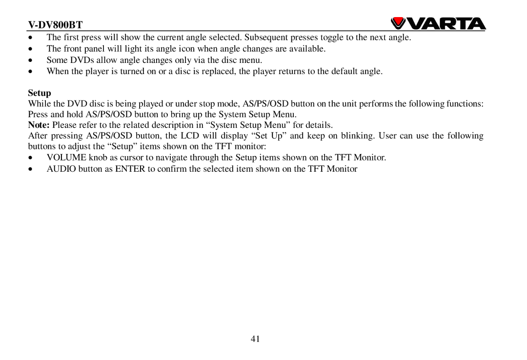 Varta V-DV800BT instruction manual 