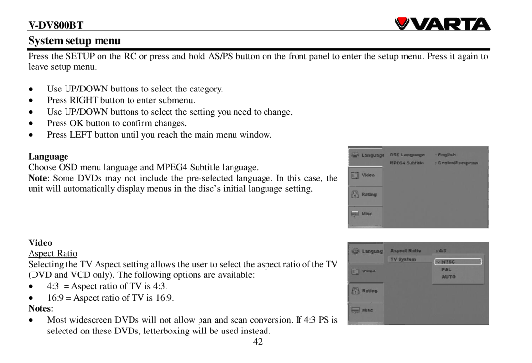 Varta V-DV800BT instruction manual System setup menu, Language, Video 