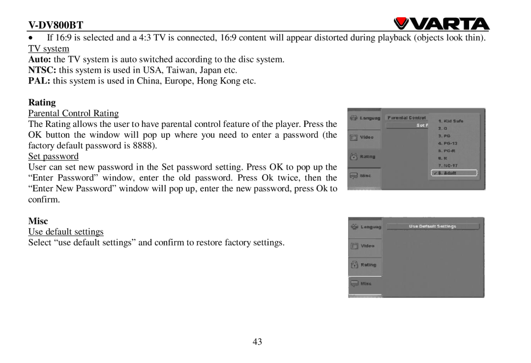 Varta V-DV800BT instruction manual Rating, Misc 