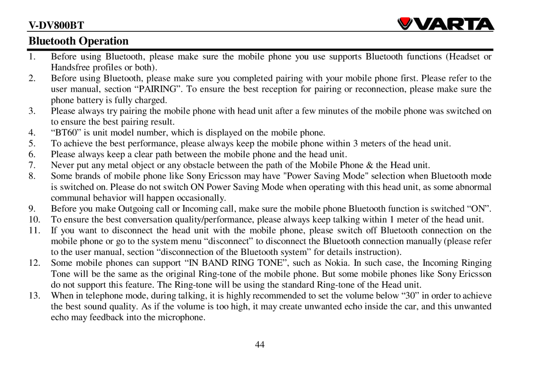 Varta V-DV800BT instruction manual Bluetooth Operation 