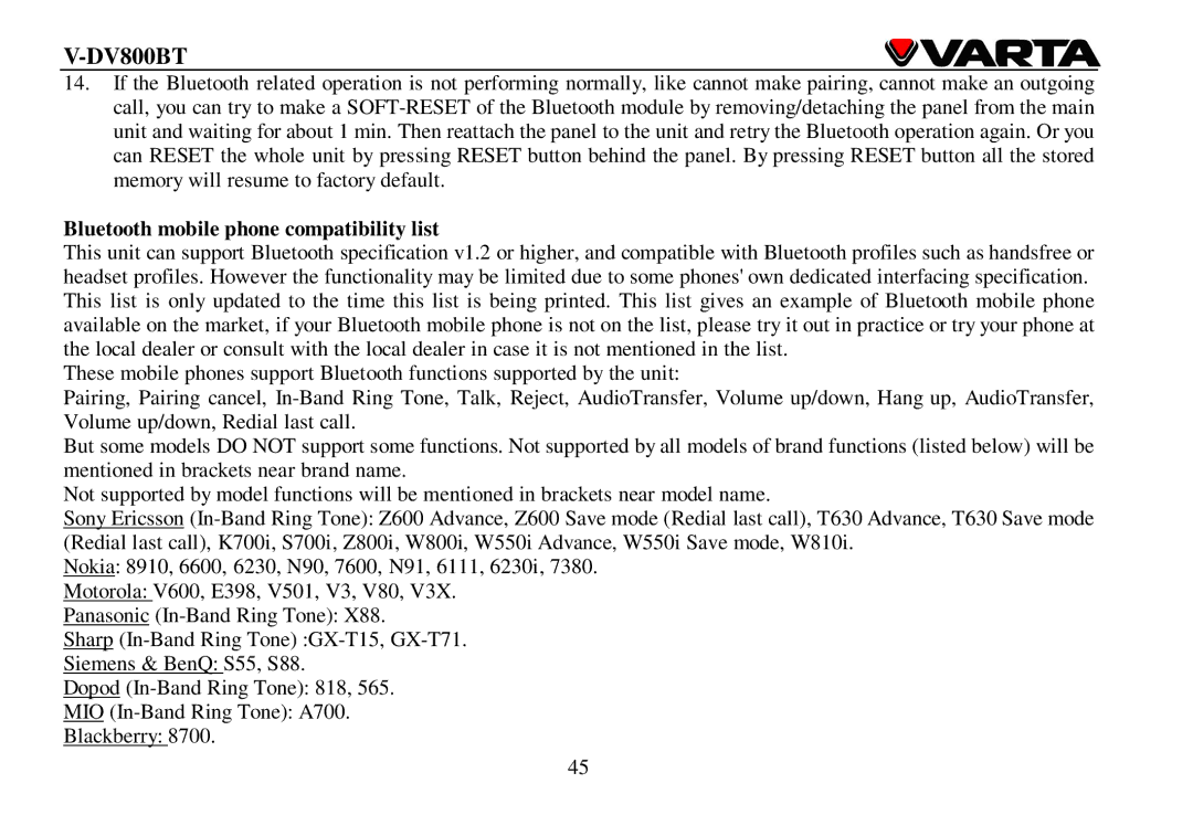 Varta V-DV800BT instruction manual Bluetooth mobile phone compatibility list 