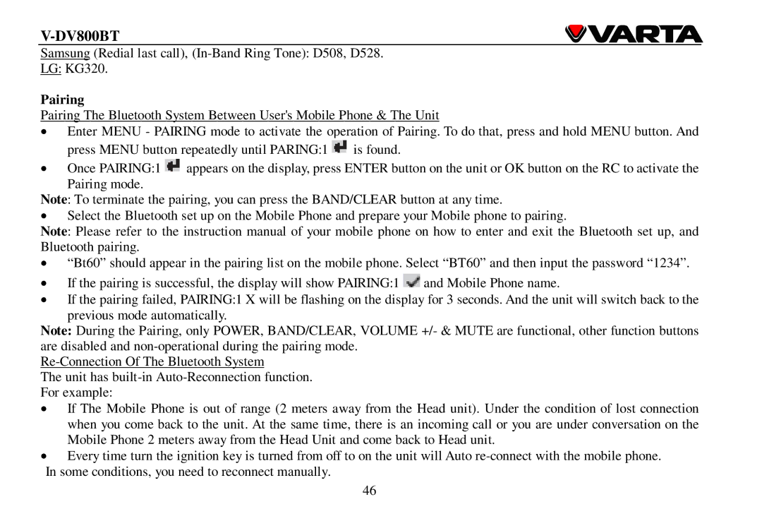 Varta V-DV800BT instruction manual Pairing 