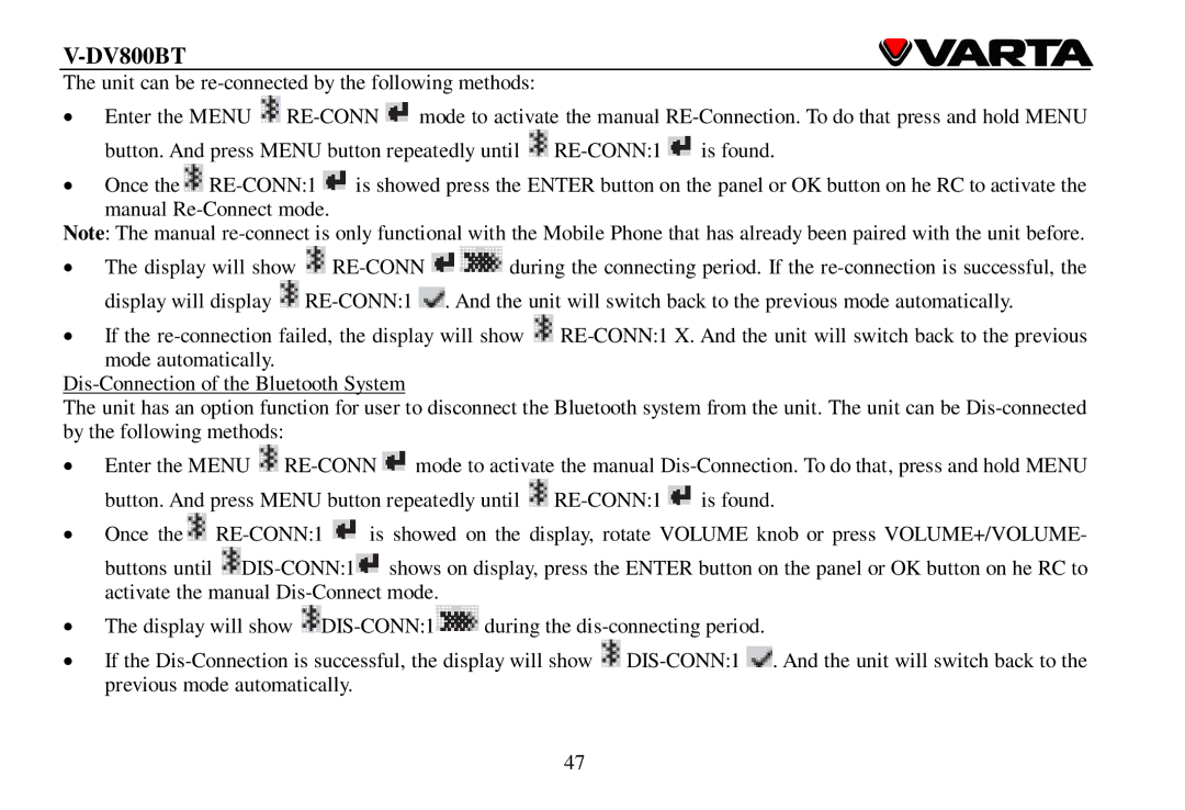 Varta V-DV800BT instruction manual 