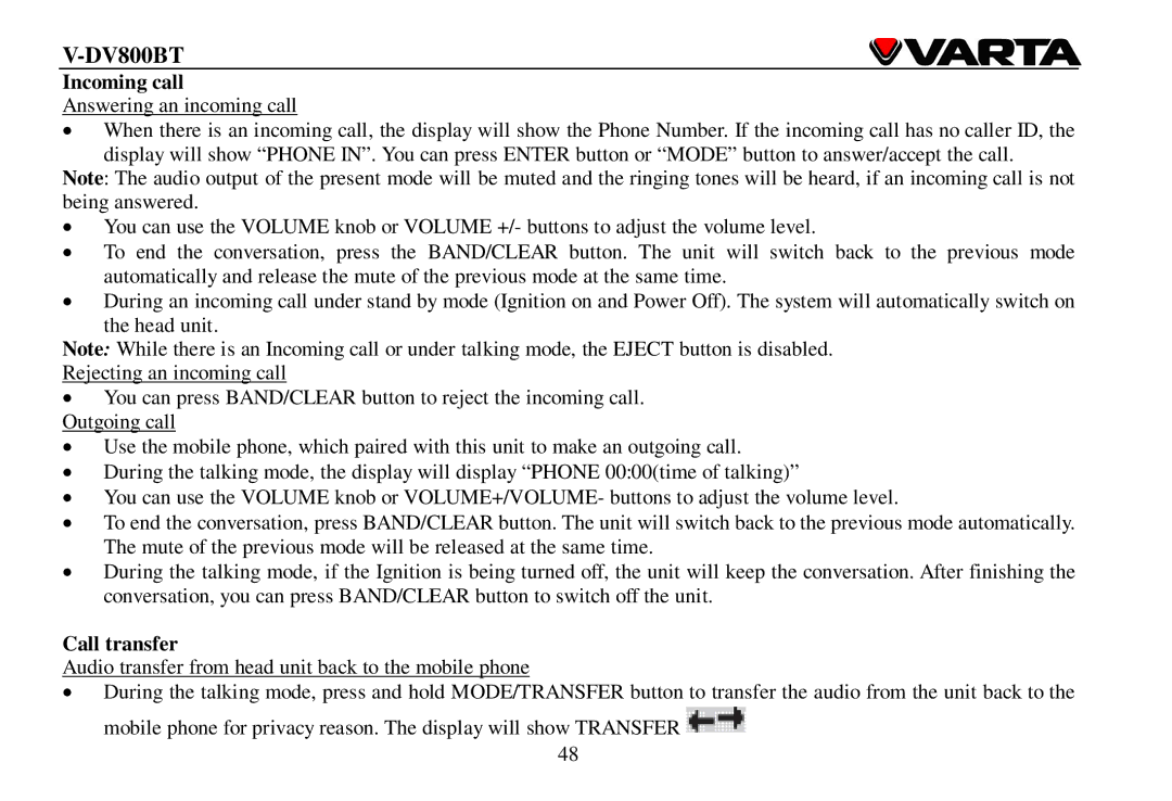 Varta V-DV800BT instruction manual Incoming call, Call transfer 