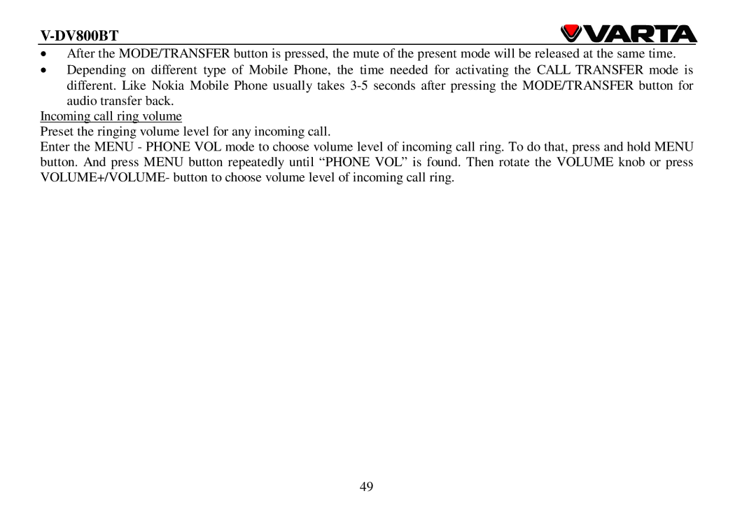 Varta V-DV800BT instruction manual 