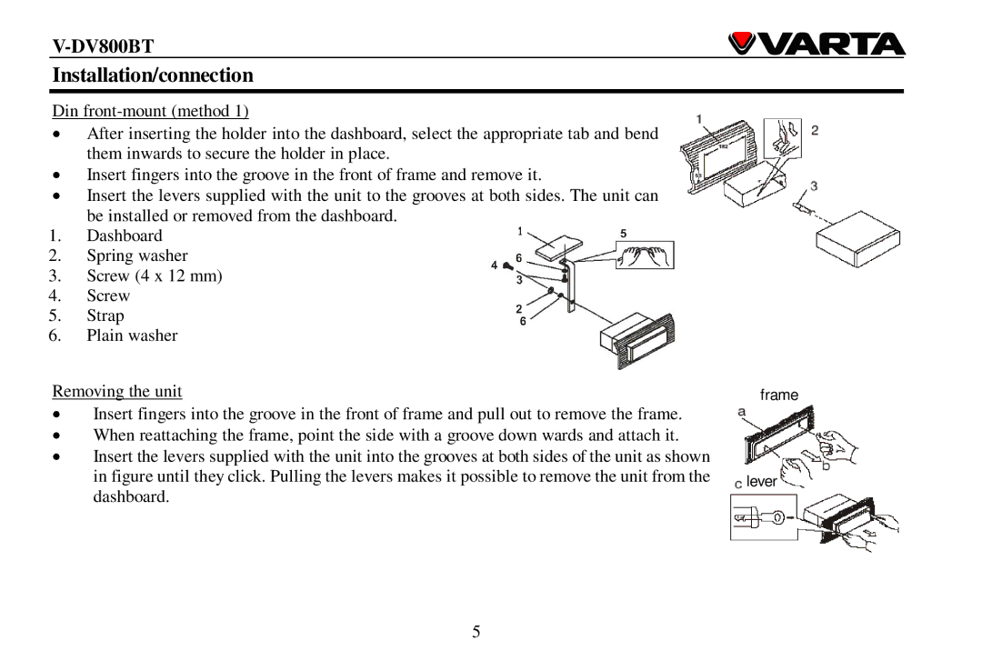 Varta V-DV800BT instruction manual Installation/connection 