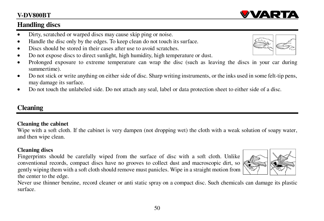 Varta V-DV800BT instruction manual Handling discs, Cleaning the cabinet, Cleaning discs 