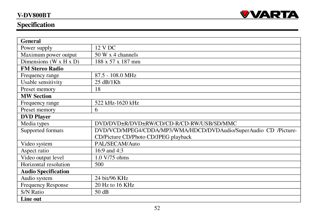 Varta V-DV800BT instruction manual Specification 