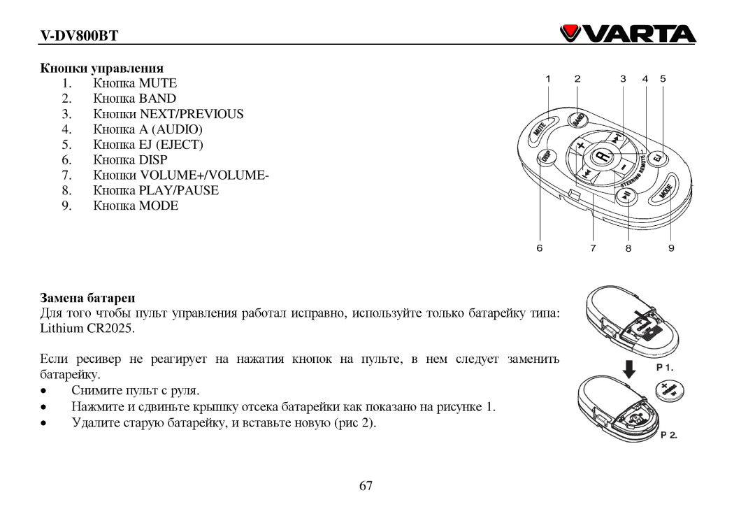 Varta V-DV800BT instruction manual Кнοпки управления, Замена батареи 