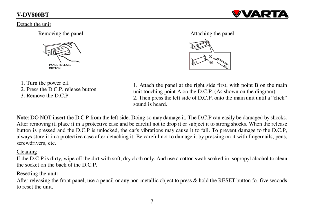 Varta V-DV800BT instruction manual 