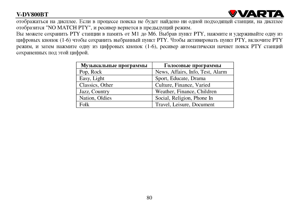 Varta V-DV800BT instruction manual Μузыкальные прοграммы Гοлοсοвые прοграммы 