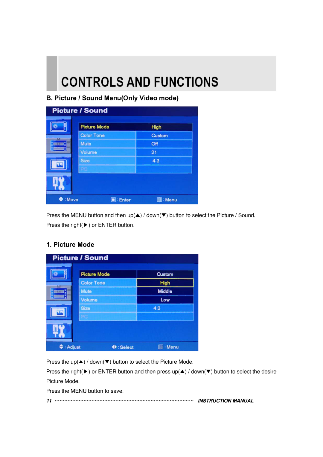 Vax 17RTC manual Picture / Sound MenuOnly Video mode, Picture Mode 