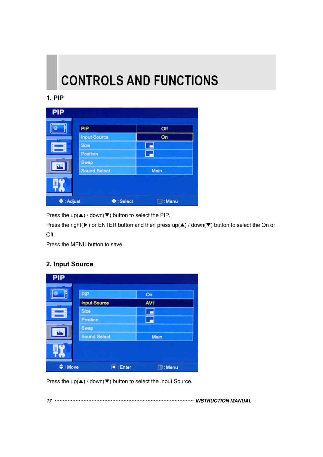 Vax 17RTC manual Pip, Input Source 