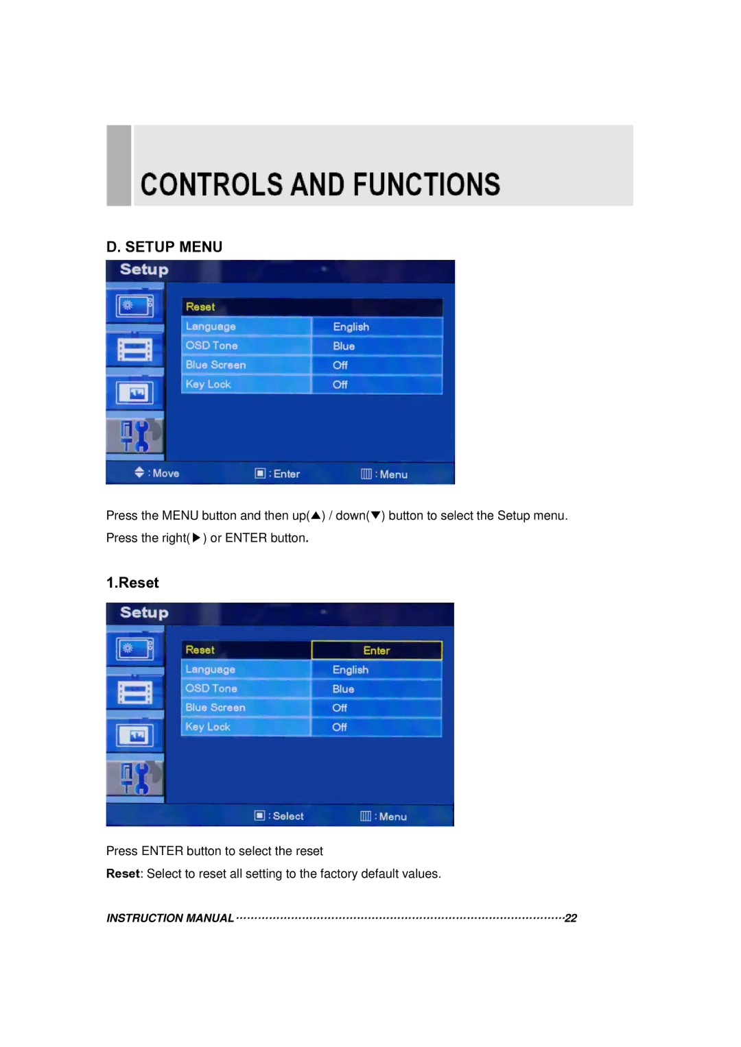 Vax 17RTC manual Setup Menu, Reset 