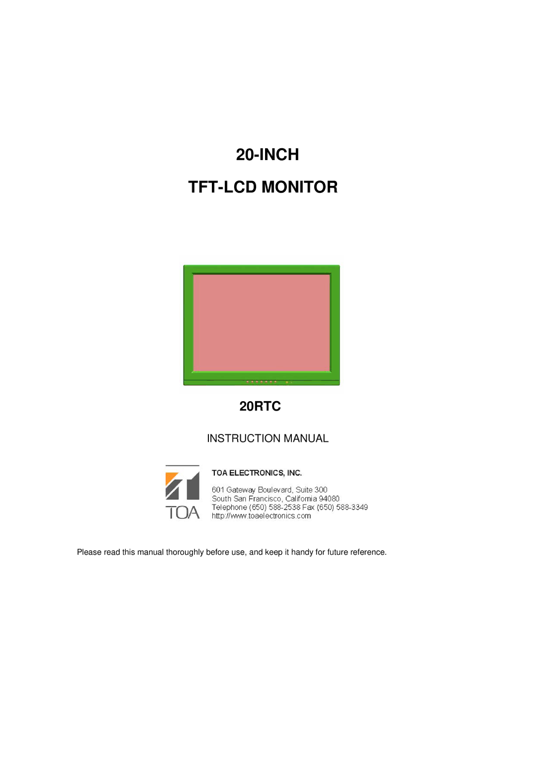 Vax 20RTC instruction manual Inch TFT-LCD Monitor 