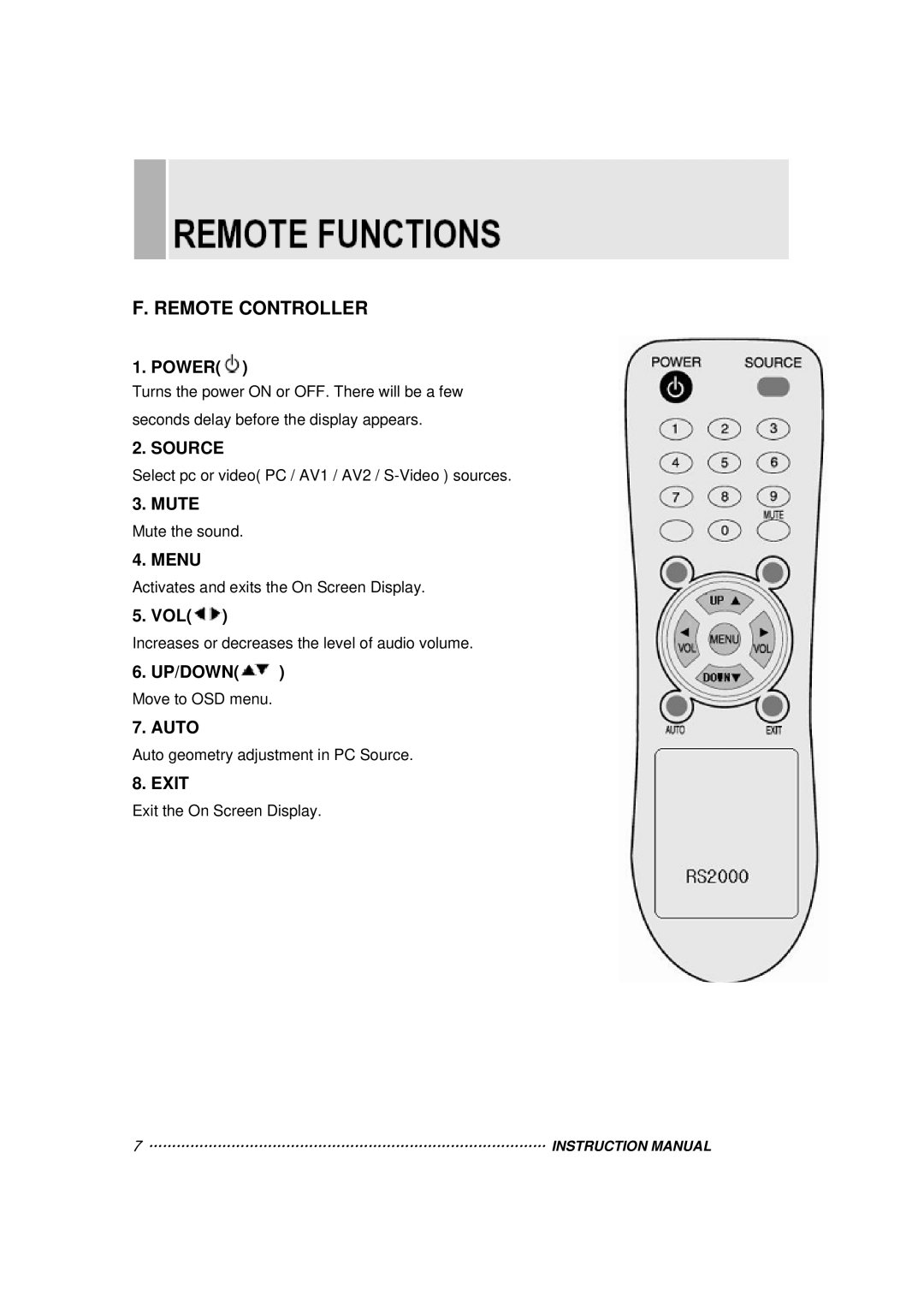 Vax 20RTC instruction manual Remote Controller, Menu 