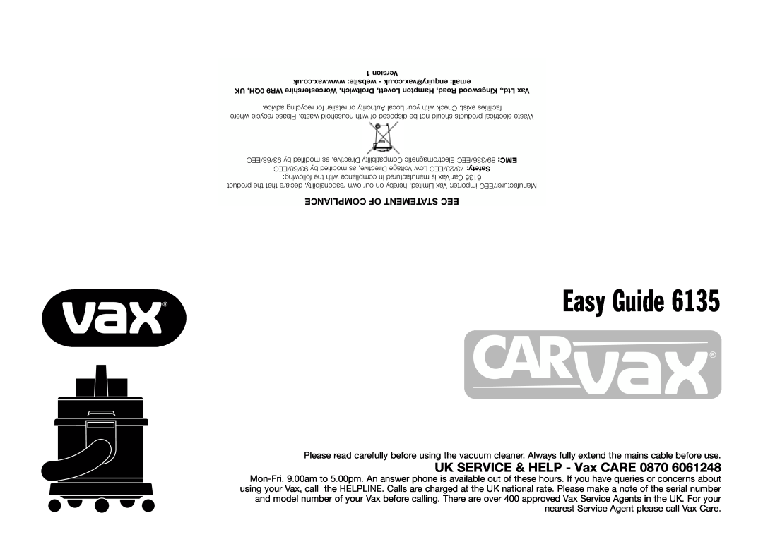 Vax 6135 manual Easy Guide, UK SERVICE & HELP - Vax CARE 