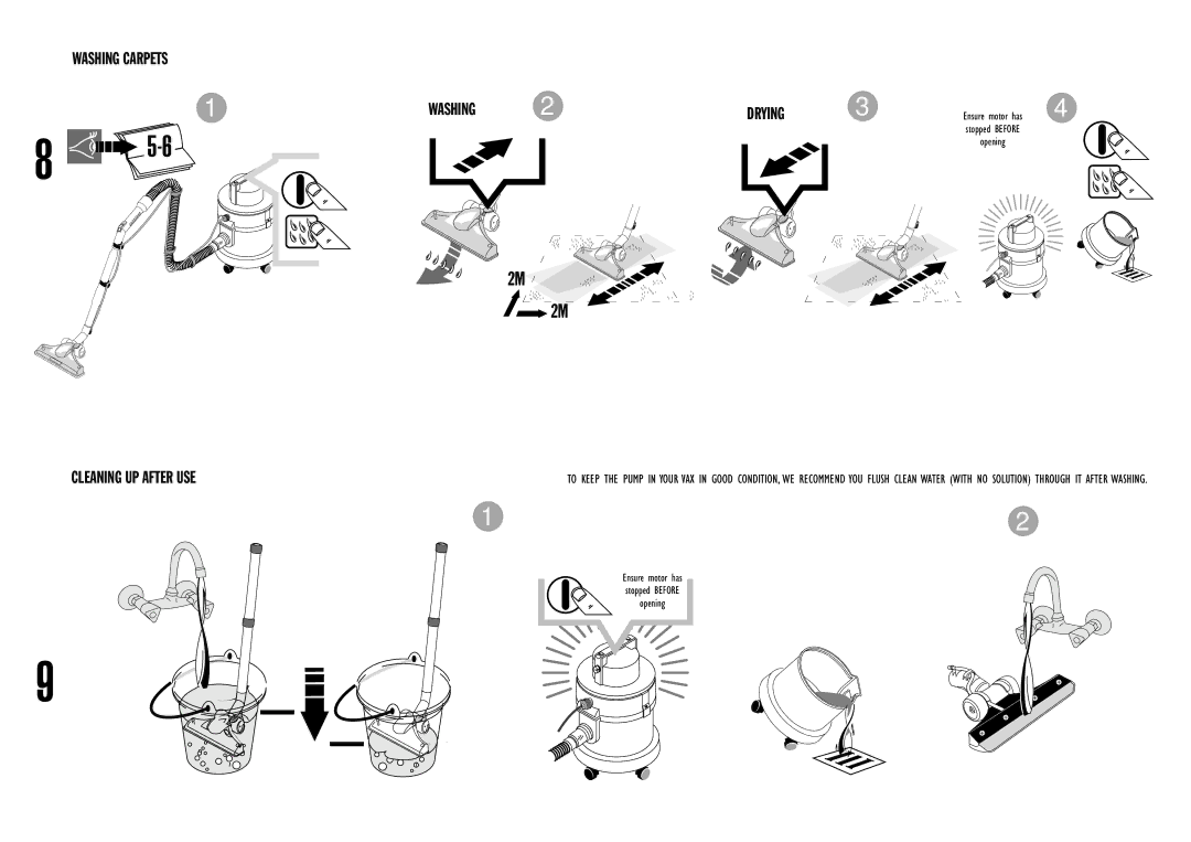 Vax 6140 manual Washing Carpets Cleaning UP After USE, WASHING2DRYING3 Ensure motor has 4 stopped Before Opening 