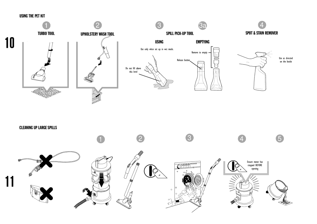 Vax 6140 Using the PET KIT Turbo Tool, Cleaning UP Large Spills, Spill PICK-UP Tool Usingemptying, Spot & Stain Remover 