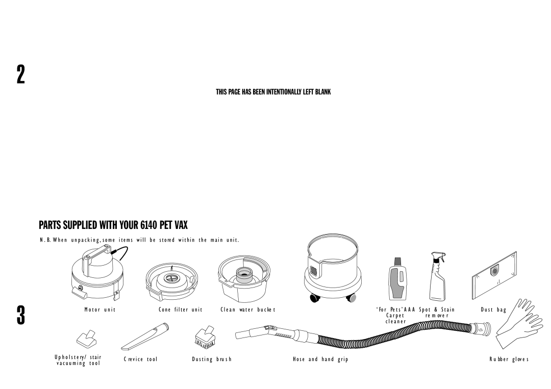 Vax manual PARTS SUPPLIED WITH YOUR 6140 PET VAX, This Page Has Been Intentionally Left Blank 