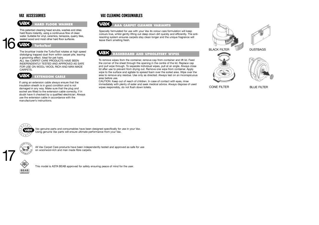 Vax 6155 manual VAX Accessories, VAX Cleaning Consumables 