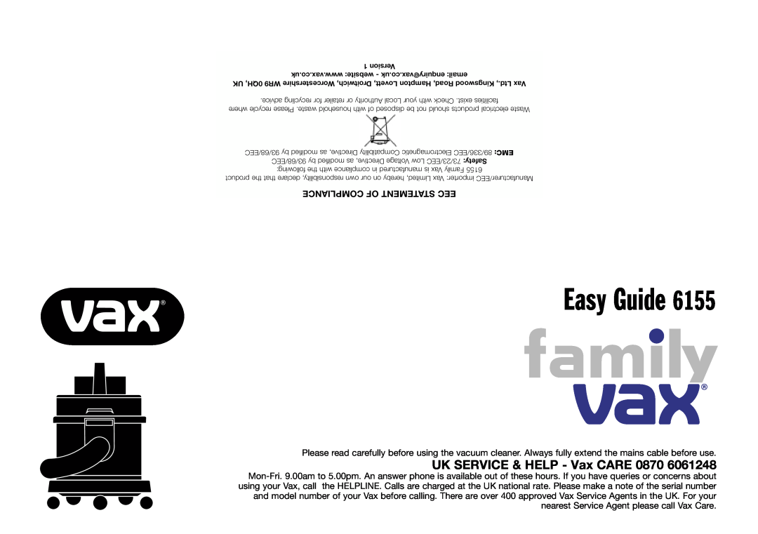 Vax 6155 manual Easy Guide, UK SERVICE & HELP - Vax CARE 