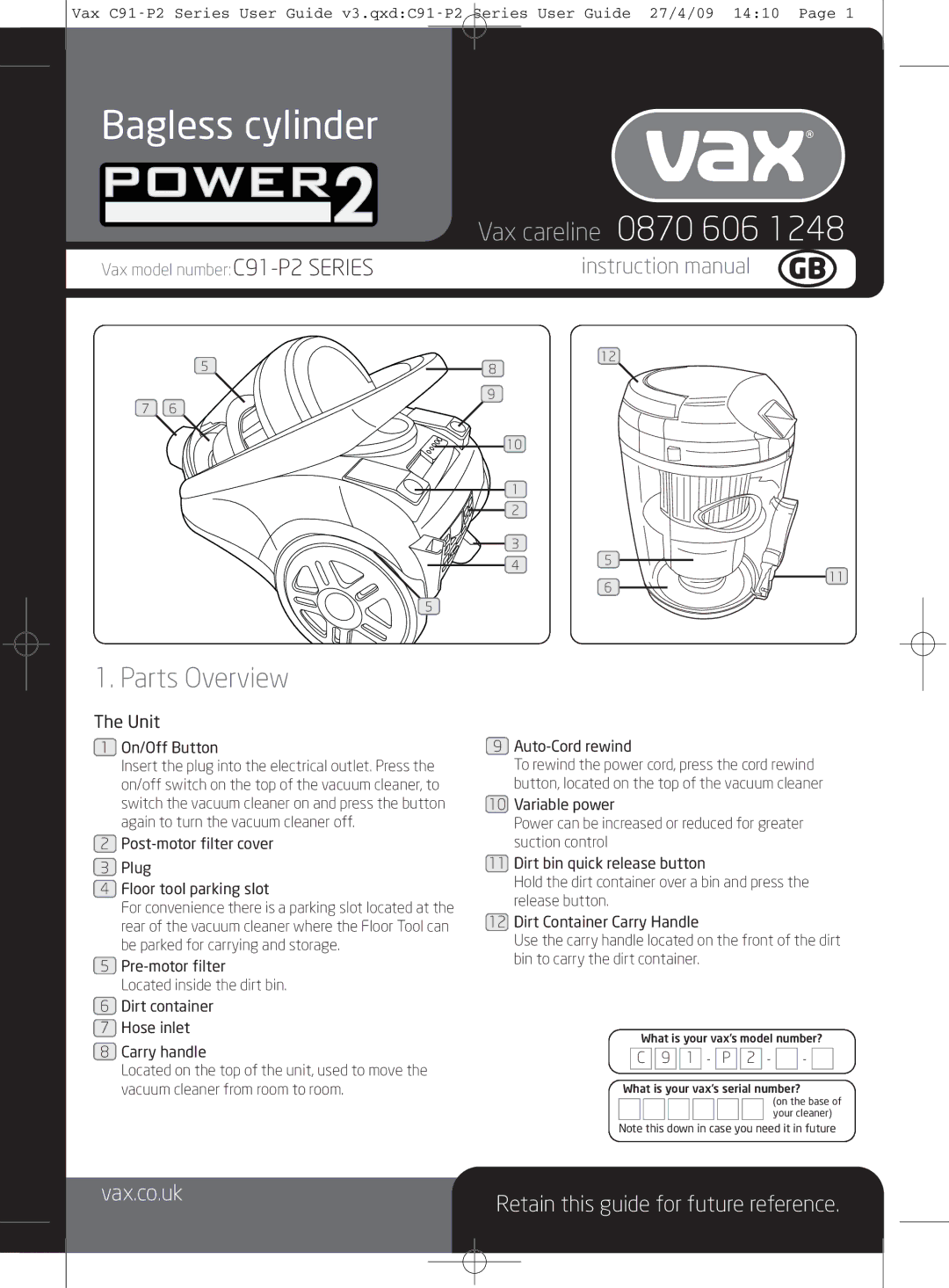 Vax C91-P2 instruction manual Parts Overview, On/Off Button 