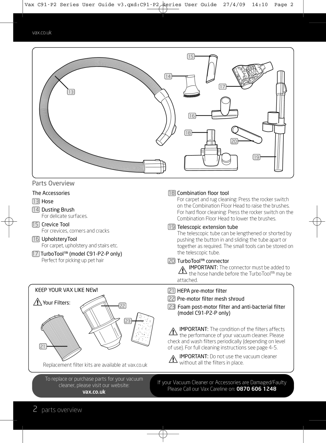 Vax C91-P2 instruction manual Parts overview, Combination floor tool, Replacement filter kits are available at vax.co.uk 