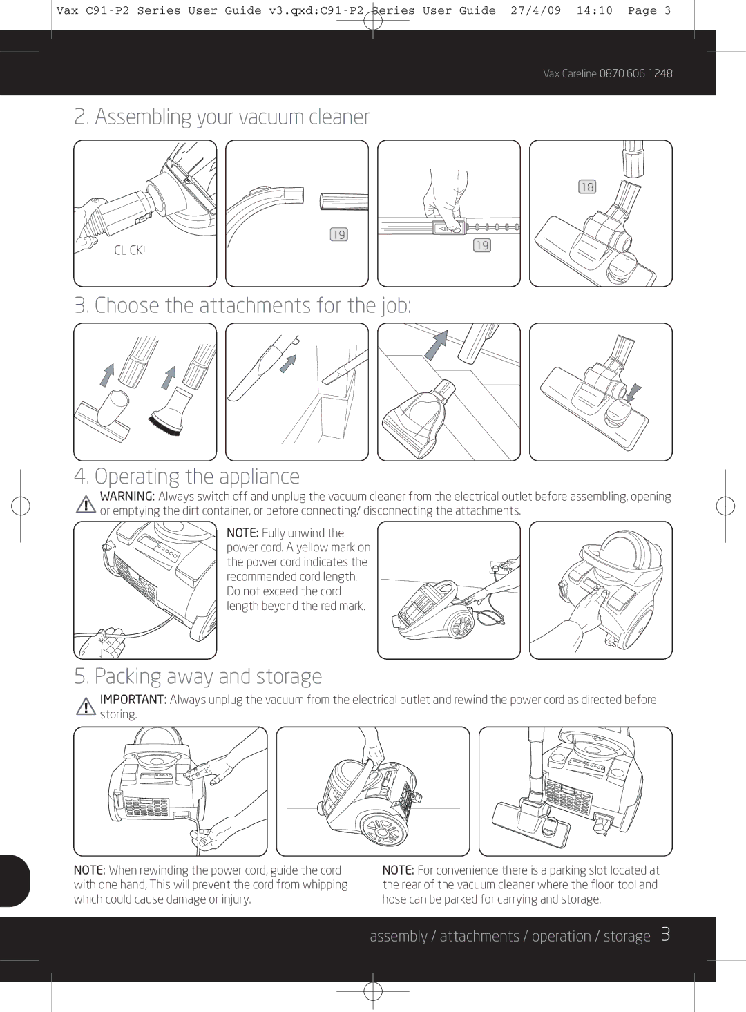 Vax C91-P2 instruction manual Assembling your vacuum cleaner, Assembly / attachments / operation / storage 