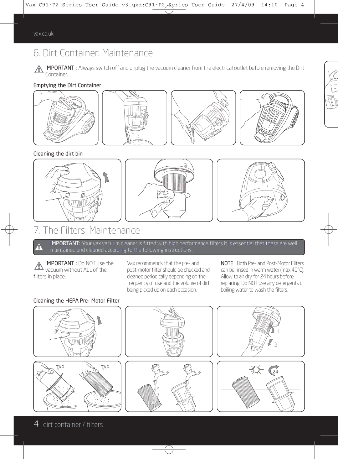 Vax C91-P2 instruction manual Dirt Container Maintenance, Filters Maintenance, Dirt container / filters 