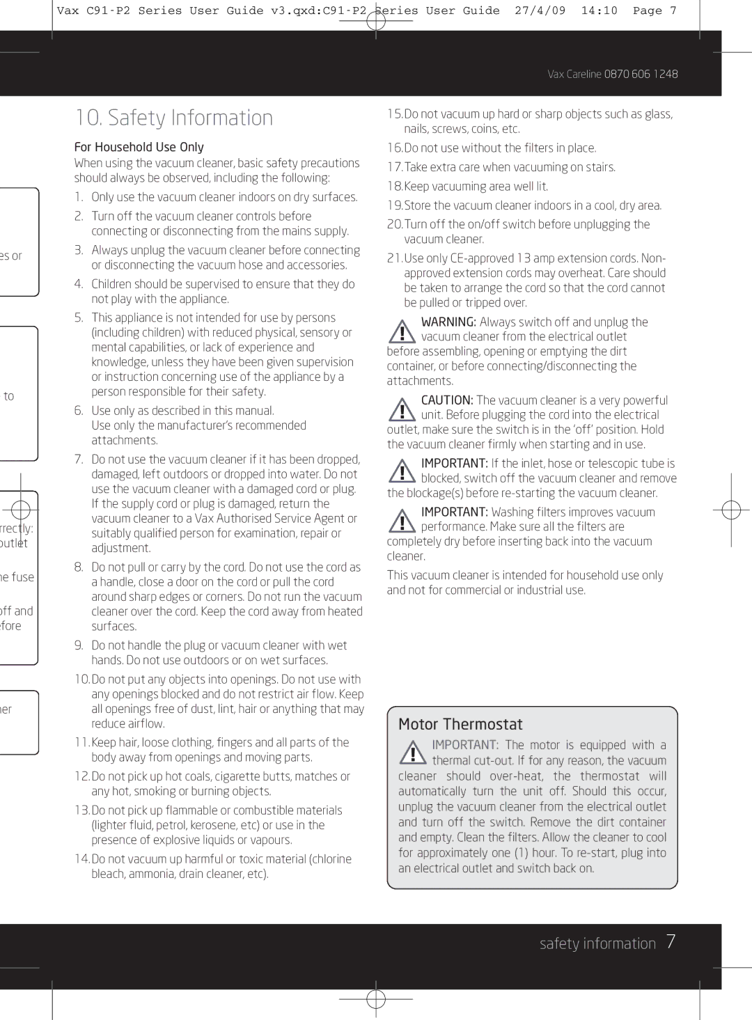 Vax C91-P2 instruction manual Safety Information, Safety information 