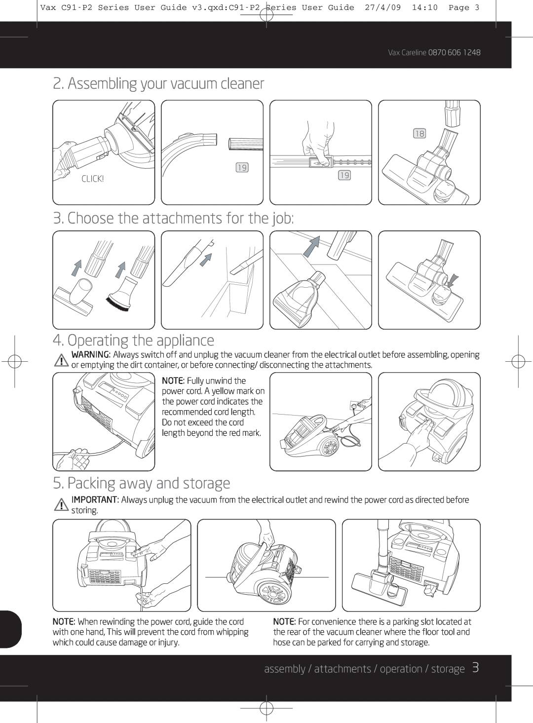 Vax C91-P2 instruction manual Assembling your vacuum cleaner, Choose the attachments for the job, Operating the appliance 