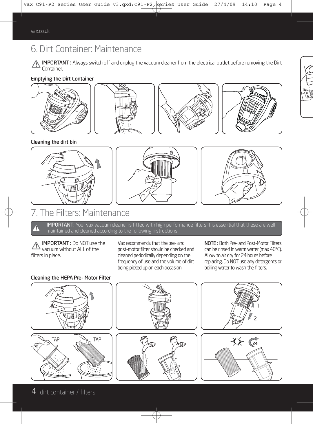 Vax C91-P2 instruction manual Dirt Container Maintenance, The Filters Maintenance, 4dirt container / filters, vax.co.uk 