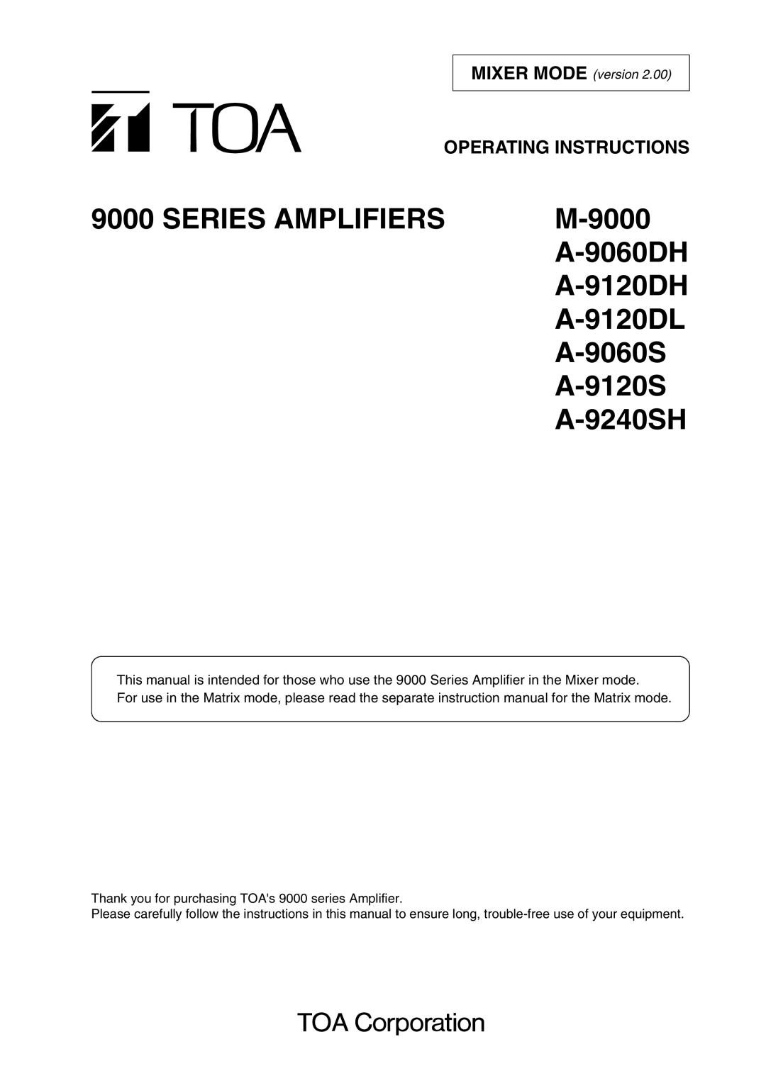 Vax M-9000 operating instructions Series Amplifiers, Operating Instructions 