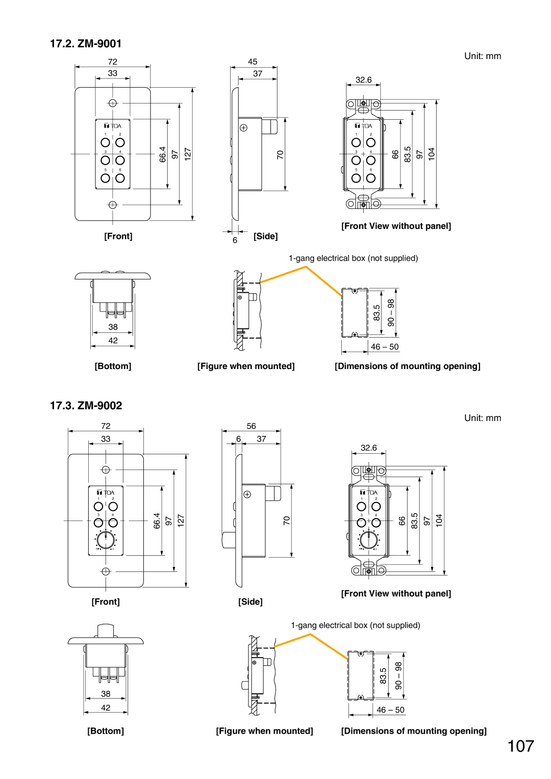 Vax M-9000 operating instructions 107, ZM-9001, ZM-9002, Front Bottom Front View without panel Side 