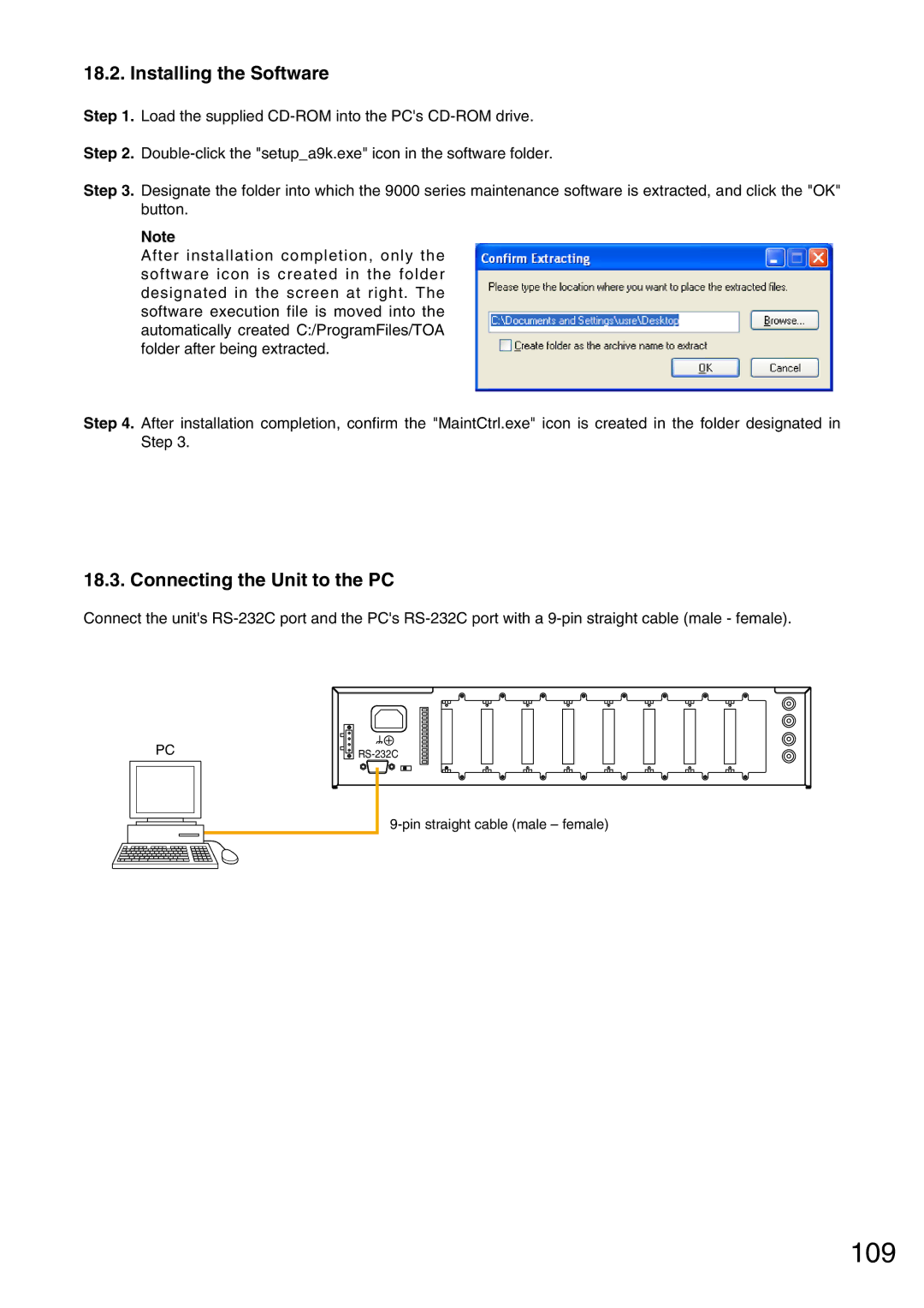 Vax M-9000 operating instructions 109, Installing the Software, Connecting the Unit to the PC 