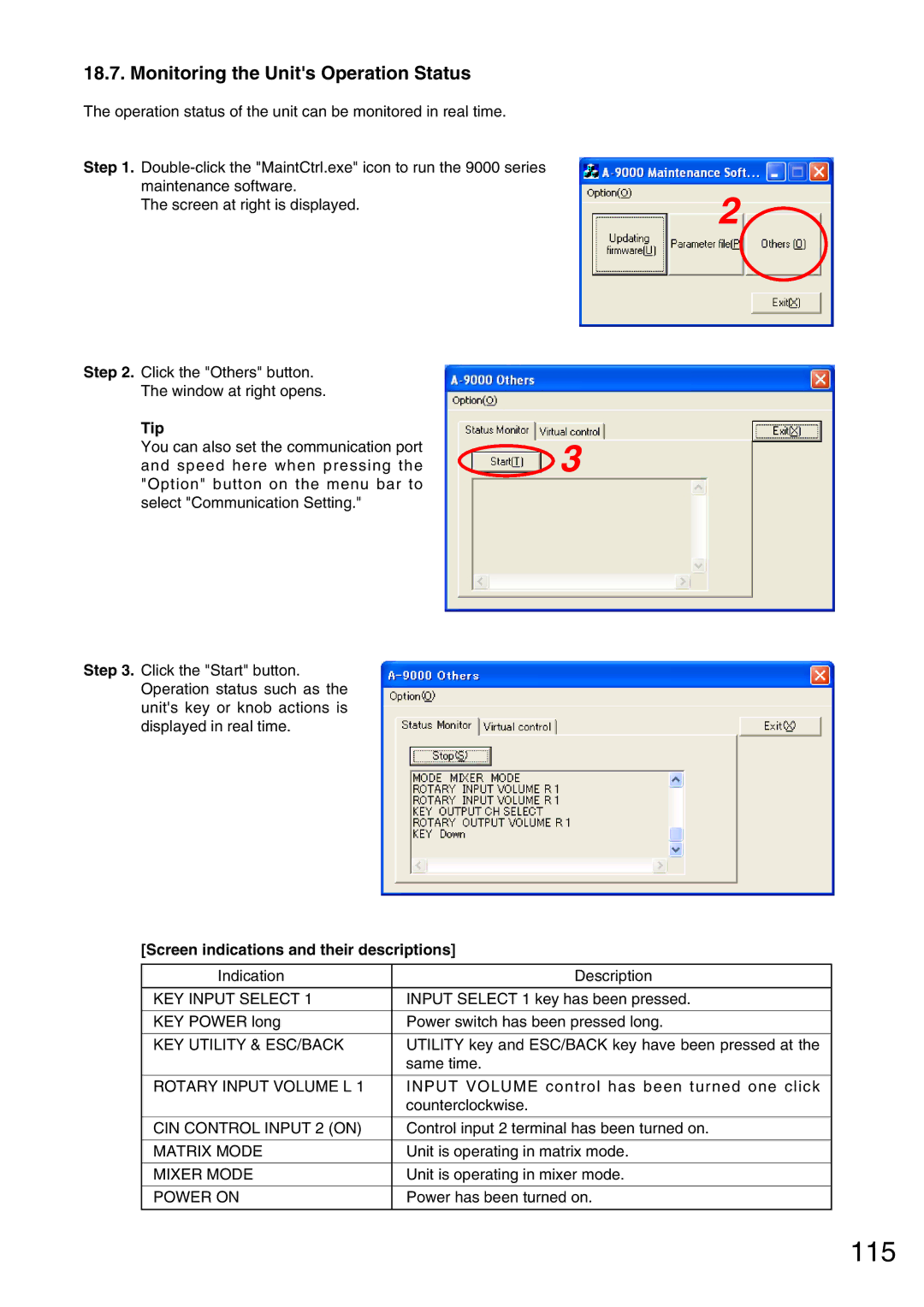 Vax M-9000 operating instructions 115, Monitoring the Units Operation Status, Screen indications and their descriptions 