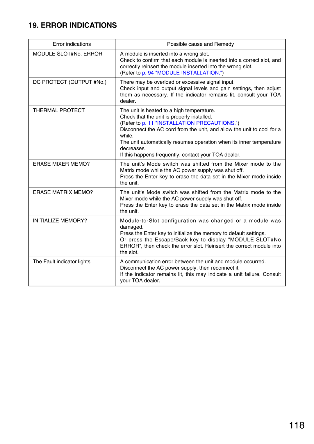 Vax M-9000 operating instructions 118, Error Indications 