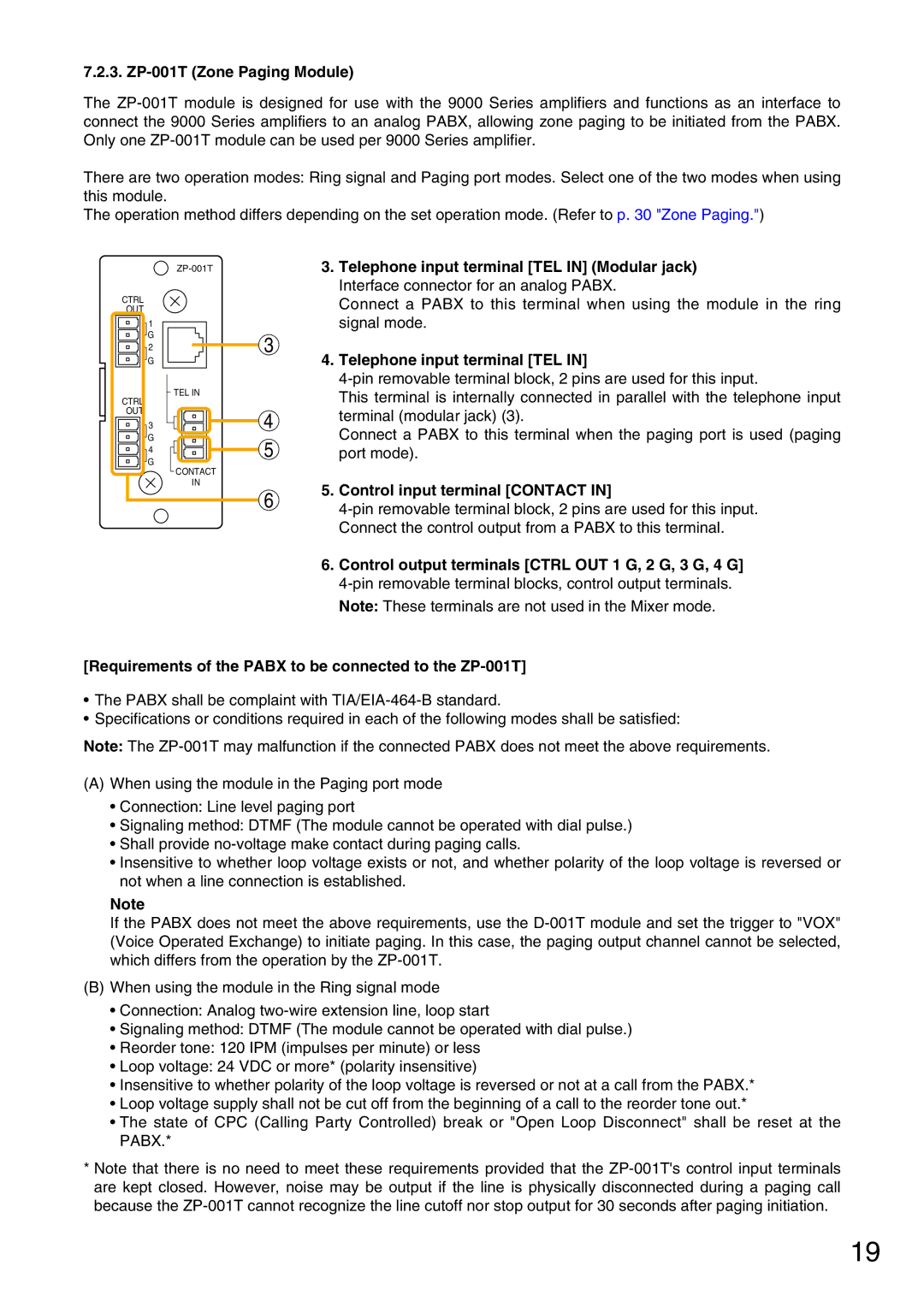 Vax M-9000 operating instructions ZP-001T Zone Paging Module, Telephone input terminal TEL, Control input terminal Contact 