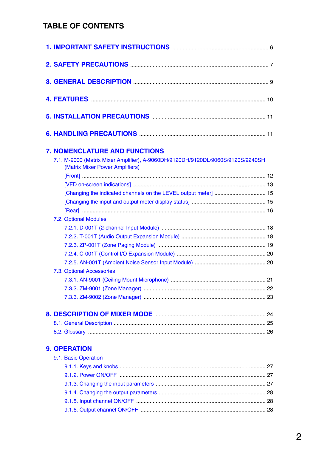 Vax M-9000 operating instructions Table of Contents 